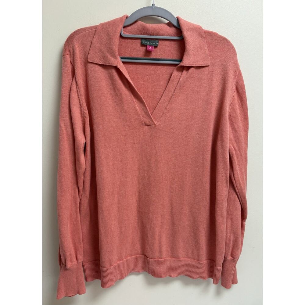 Vince Camuto Womens Collared Sweater Size Medium Coral Lightweight Cotton Blend